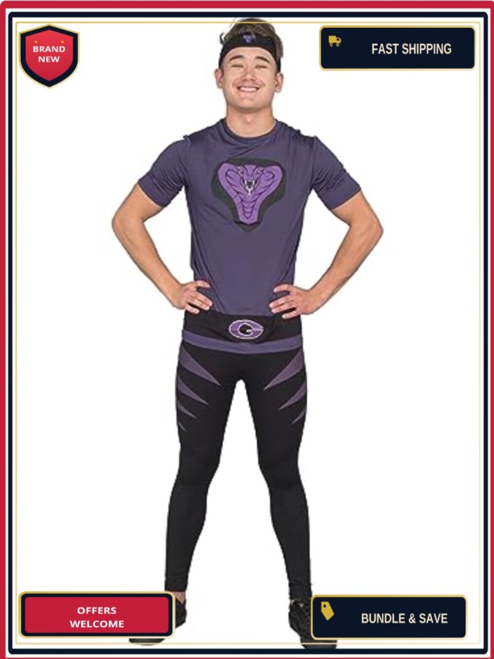 Adult Purple Cobras Dodgeball Costume Set 100% Polyester Shirt Pants Headband